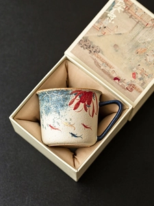 Hand-painted ceramic koi coffee cup with red floral pattern in premium gift box set