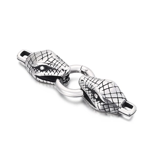Detailed macro view of silver stainless steel double snake head jewelry connector