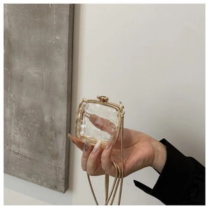 Detail of transparent acrylic mini box bag with gold metal frame and chain strap