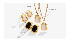 Detailed view of opal pendant necklace and earrings set with sizing specifications