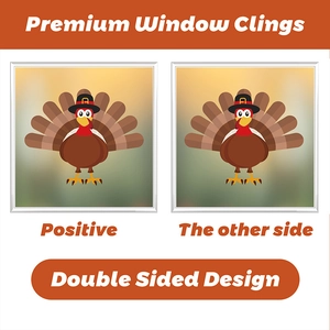 Detail of double sided Thanksgiving turkey window cling with vibrant autumn patterns