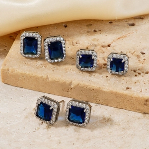 Three-piece set of vintage square blue gemstone earrings with sparkling crystal accents