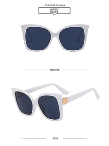 Detailed multi-angle views of white cat-eye sunglasses with dark lenses and metal accents