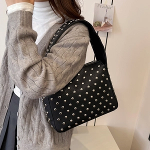 Vintage style black rivet tote bag with lychee texture and wide strap for women