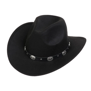Close-up of black western cowboy hat featuring a leather band with silver metal discs