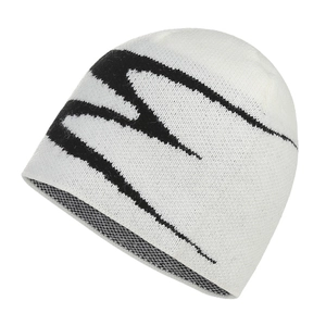 Winter minimalist white knit beanie with black abstract pattern for outdoor warmth