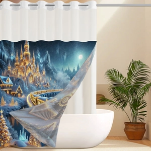 Detail showing Harry Potter magic castle and steam train on waffle shower curtain