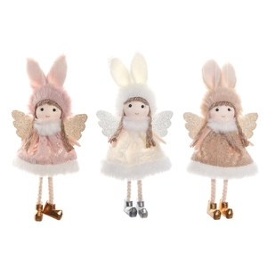 Three plush bunny ear angel ornaments in pink, white and brown for Christmas tree decor