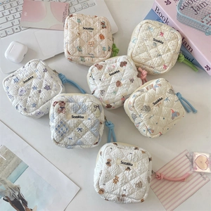 Quilted cotton sanitary napkin storage pouch with cute cartoon animal patterns