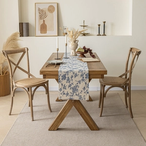 Cotton linen Nordic style blue floral table runner for kitchen dining table home party decoration.