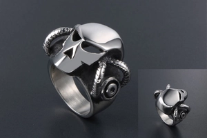 Detailed macro view of heavy stainless steel mechanical skull ring with ram horns