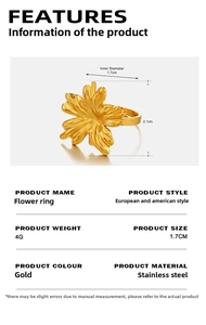 Detailed view of an 18K gold-plated stainless steel flower ring with size dimensions
