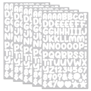 Detailed stacked view of white cartoon alphabet and number stickers for DIY crafts