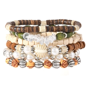 Bohemian multi-layer stretch bracelet with wooden beads, pearls, and metallic accents