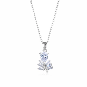 Elegant silver leaf pendant necklace with teardrop and baguette zirconia on white background