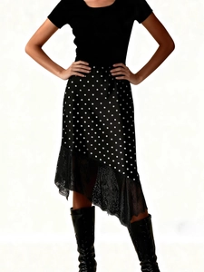 Chic black polka dot midi skirt with delicate lace splicing and asymmetric hemline for women