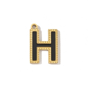 French vintage gold H letter pendant with black enamel inlay and textured border