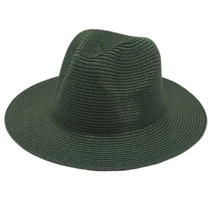 Detailed close-up of dark green fedora straw hat with intricate woven paper texture