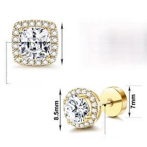 Luxury 14K gold plated brass stud earrings with clear zircon crystals on white background