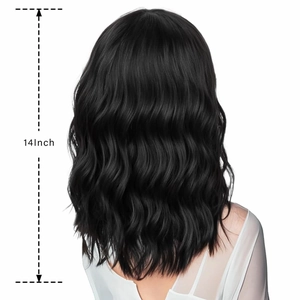 Detail view of 14-inch black water wave synthetic wig showing natural length and texture