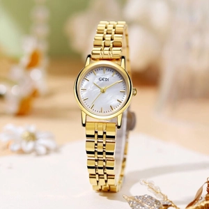 Elegante orologio da donna color oro champagne con quadrante in madreperla bianca
