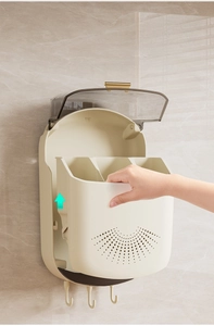 Detail of detachable wall-mounted chopstick box with translucent lid and drainage layer