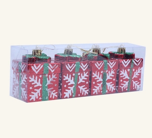 Detail of 4pcs red Christmas tree ornaments with snowflakes in a transparent display box