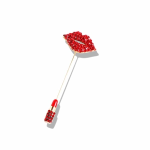 Fashionable red rhinestone lip and lipstick tassel brooch with gold-tone finish