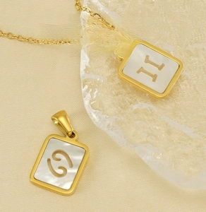 Detail von 18K Gold-Edelstahl-Tierkreisanhängern mit Muscheleinlage und hohlen Symbolen