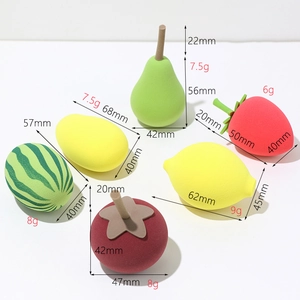 Detailed view of fruit-shaped makeup sponges with precise weight and size specifications