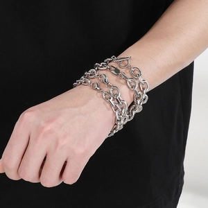 Silver multi-layer stainless steel O-chain bracelet with OT buckle for men and women