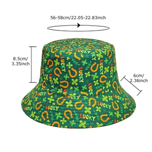 Green St. Patrick's Day bucket hat with lucky clover prints and size measurements