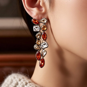 Close-up of vintage multi-color teardrop earrings with amber stones on a model