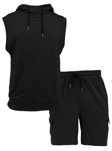 Close-up of black sleeveless hoodie and matching shorts set with soft brushed fabric texture