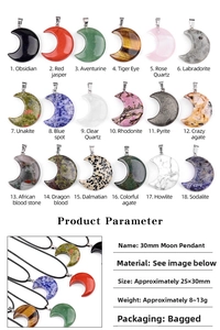 Detailed chart showing various 30mm natural crystal and agate moon pendants for DIY jewelry