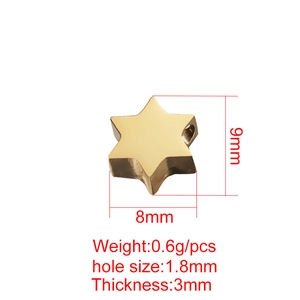 Polierte Edelstahlperle Davidstern Gold 9x8mm mit Maßen und Produktdatenanzeige