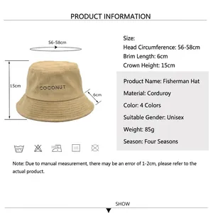 Khaki corduroy bucket hat with Coconut embroidery, 56-58cm size guide with dimensions