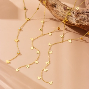 Gold Plated Stainless Steel Y-Shape Lariat Necklace Heart Flower Butterfly Cross Pendant Zircon Minimalist Jewelry