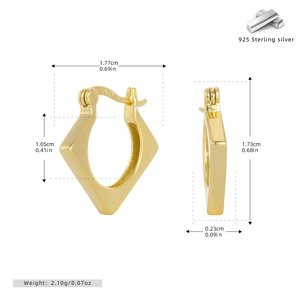Detailed size specifications for square geometric S925 sterling silver gold hoop earrings