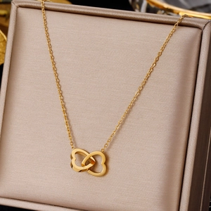 Double Interlocking Heart Pendant Necklace Stainless Steel Gold Plated Minimalist Sweet Jewelry For Women