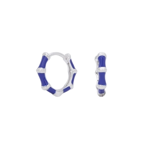 Detail of s925 silver bamboo hoop earrings with blue enamel finish and polished texture
