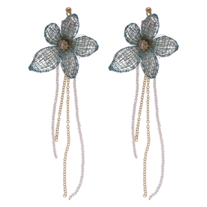 Elegant knit flower tassel earrings with blue petals and zircon crystals for women