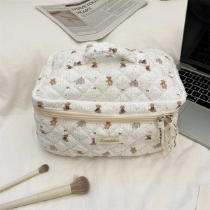 Detail of white quilted makeup bag with bear pattern and zipper close-up view