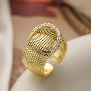 Wide Band Ring Vintage Copper 18K Gold Plated Zircon Geometric Adjustable Open Design Fashion Hip Hop Jewelry For Women