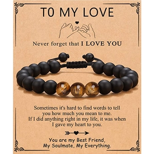 Men's Tiger Eye and matte bead bracelet with woven cord on To My Love gift card