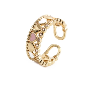 Detail of adjustable heart ring with pink and white enamel and sparkling zircons