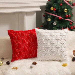 Red and white plush Christmas pillow covers with gold embroidered pine trees