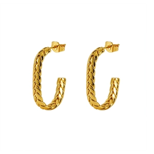 Polished 18K gold plated stainless steel U-shaped hoop earrings with woven texture