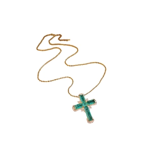 Elegant golden cross necklace with green zircon pendant and white diamond halo