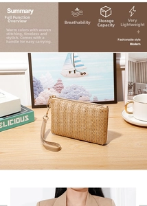 Detail of straw woven clutch bag with wristlet strap showing texture and zip closure